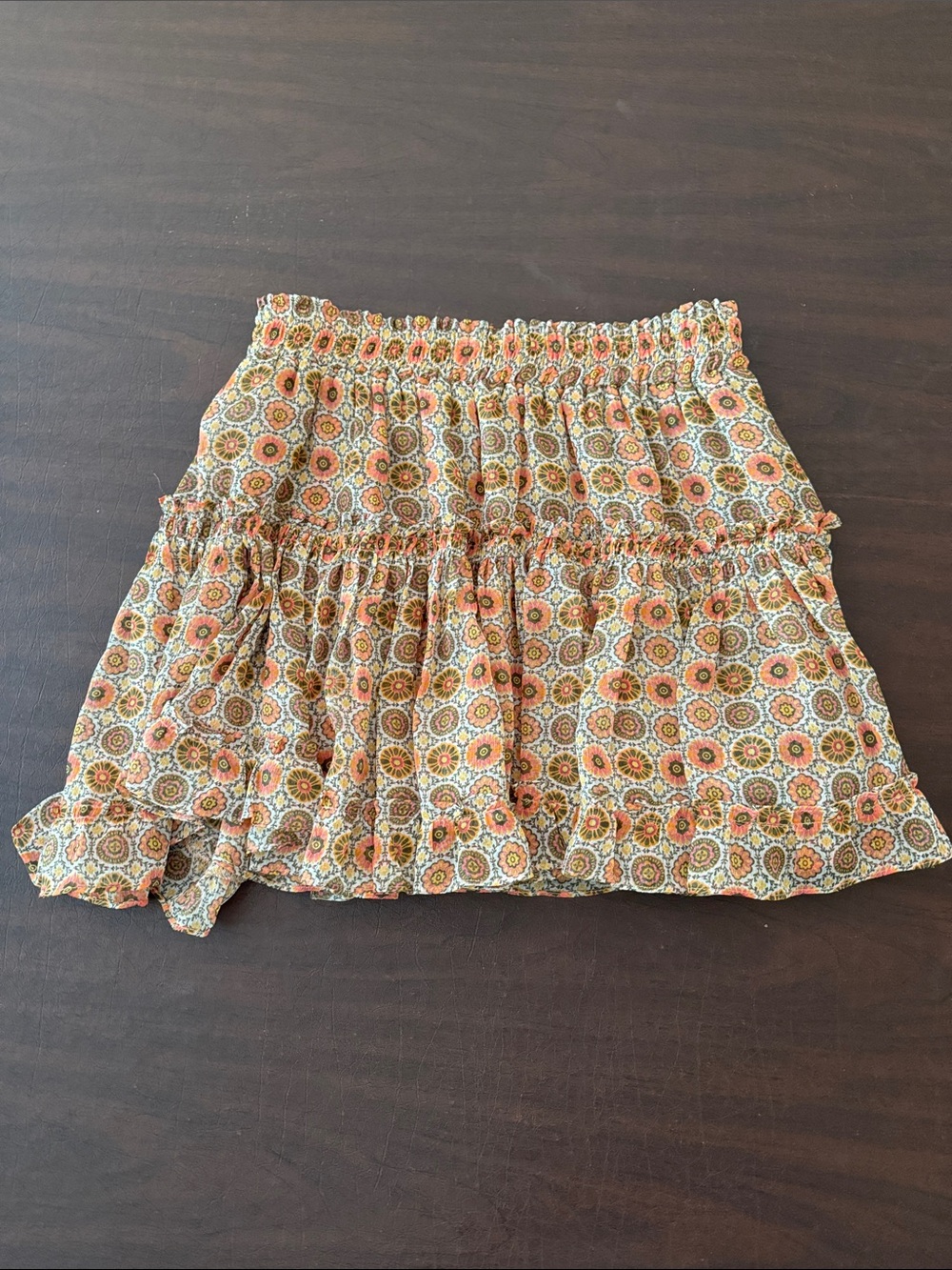 Misa Los Angeles Orange and Cream Floral Tiered Mini Skirt with Smocked Waist